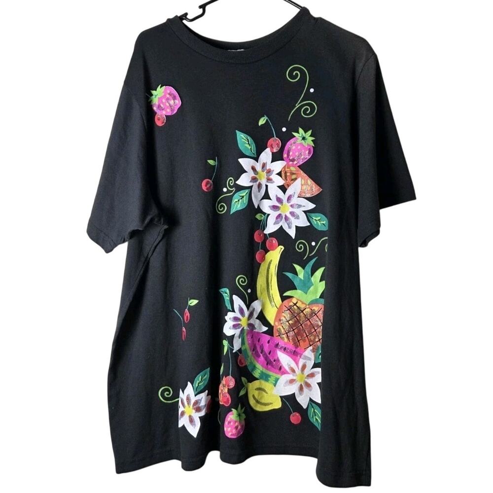 Vintage J.E. Sportswear T-Shirt Plus Size‎ 1X Black Short Sleeve Floral Fruit